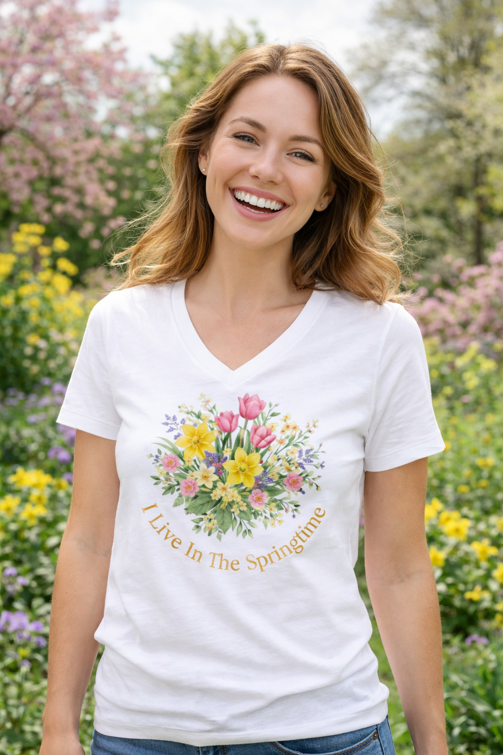 Spring Bouquet V-Neck Tee — "Live In The Springtime" Floral Shirt