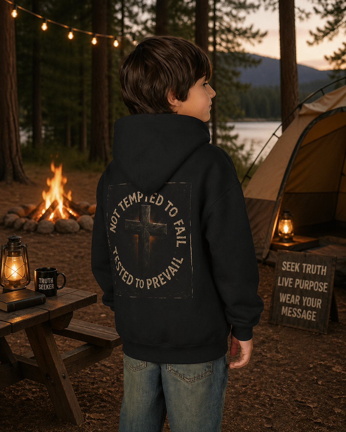 Youth Christian Hoodie | “Tested to Prevail” Faith Sweatshirt | Cross Shield Design